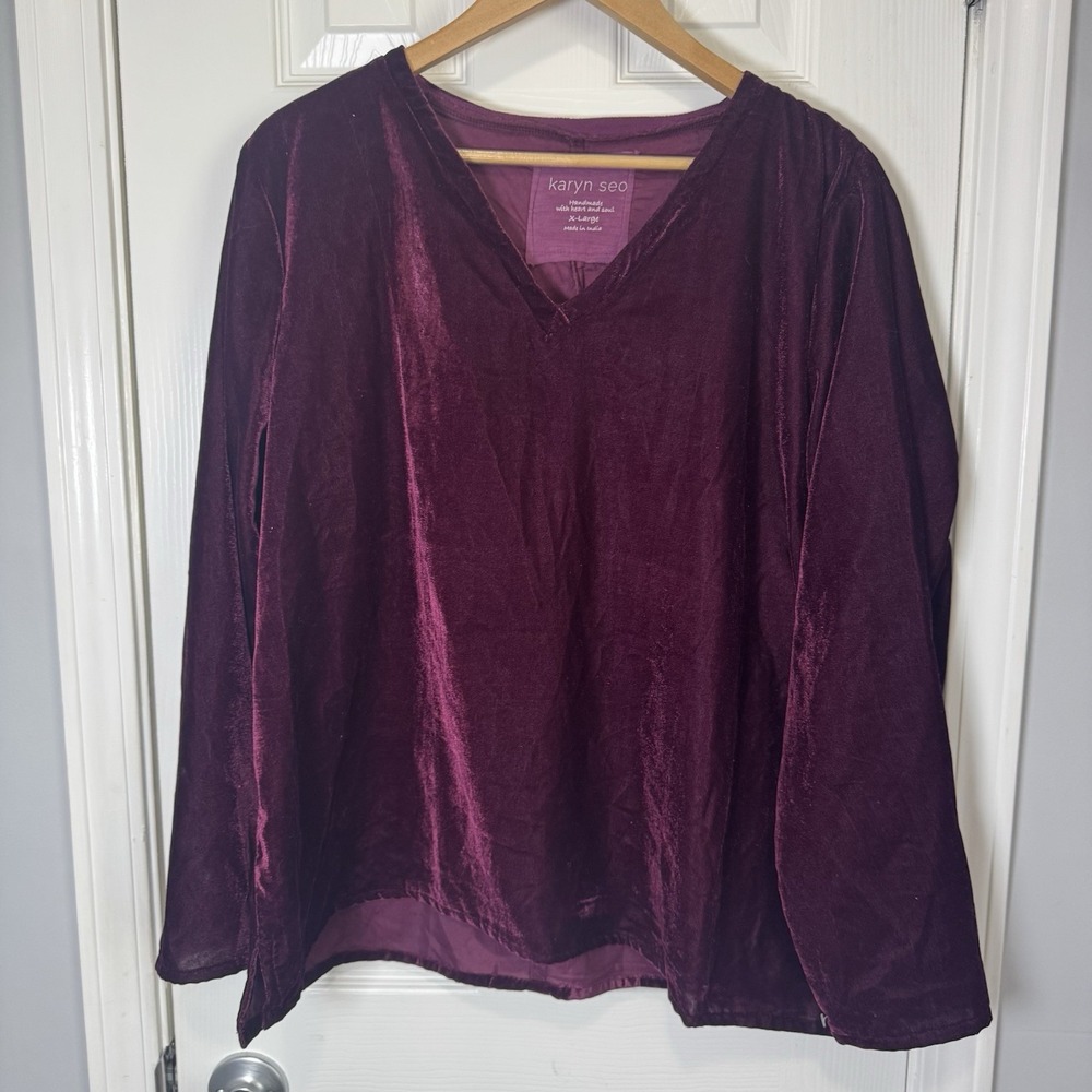 Karyn Seo Della V-Neck Long Sleeve Velvet Box Top Sz XL Beet Red‎ Handmade